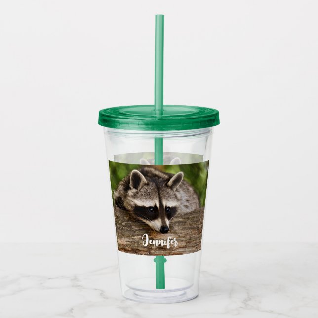 Cute Raccoon Resting on a Log Acrylic Tumbler (Front)