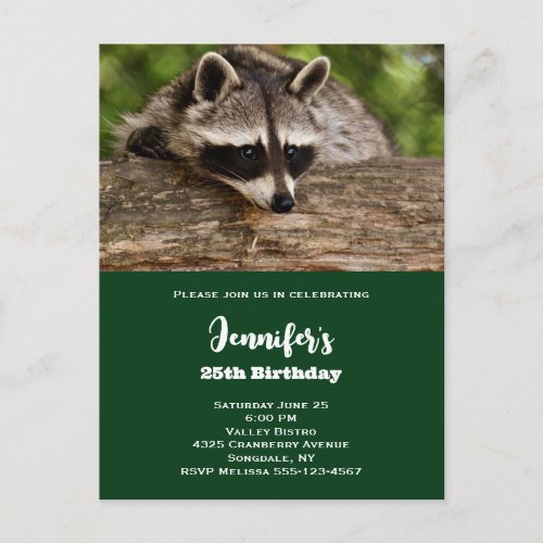 Cute Raccoon Resting on a Log Birthday Invitation Postcard