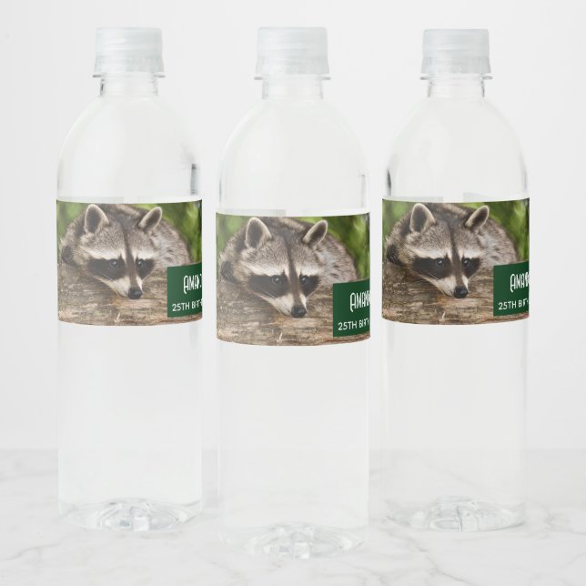 Cute Raccoon Resting on a Log Birthday Water Bottle Label (Bottles)
