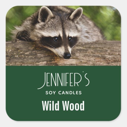 Cute Raccoon Resting on a Log Candle Business Square Sticker