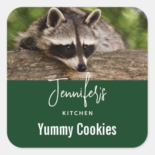 Cute Raccoon Resting on a Log Candle Kitchen Square Sticker