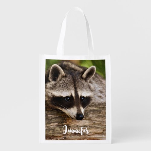 Cute Raccoon Resting on a Log Grocery Bag