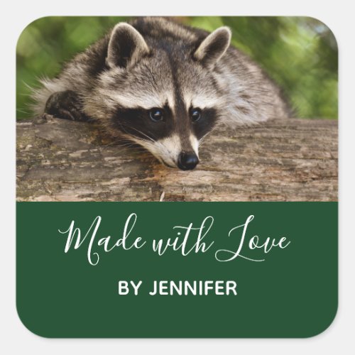 Cute Raccoon Resting on a Log Made with Love Square Sticker