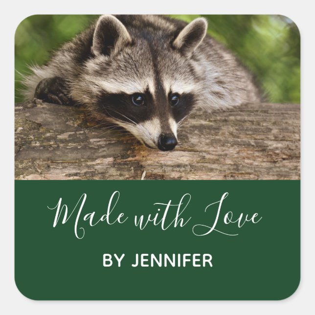 Cute Raccoon Resting on a Log, Made with Love Square Sticker (Front)