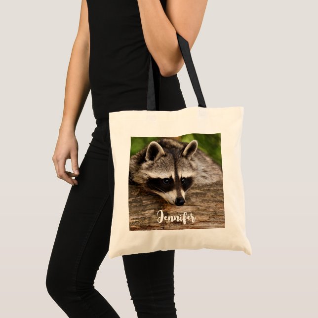 Cute Raccoon Resting on a Log Tote Bag (Front (Product))