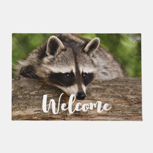Cute Raccoon Resting on a Log Welcome Doormat