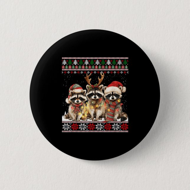 Cute Raccoon Santa Christmas Lights Ugly Xmas Swea Button (Front)