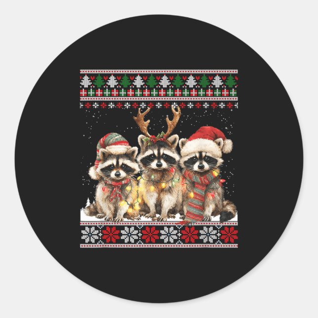 Cute Raccoon Santa Christmas Lights Ugly Xmas Swea Classic Round Sticker (Front)
