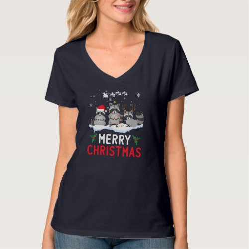 Cute Raccoon Santa Reindeer Christmas Funny Pajama T_Shirt