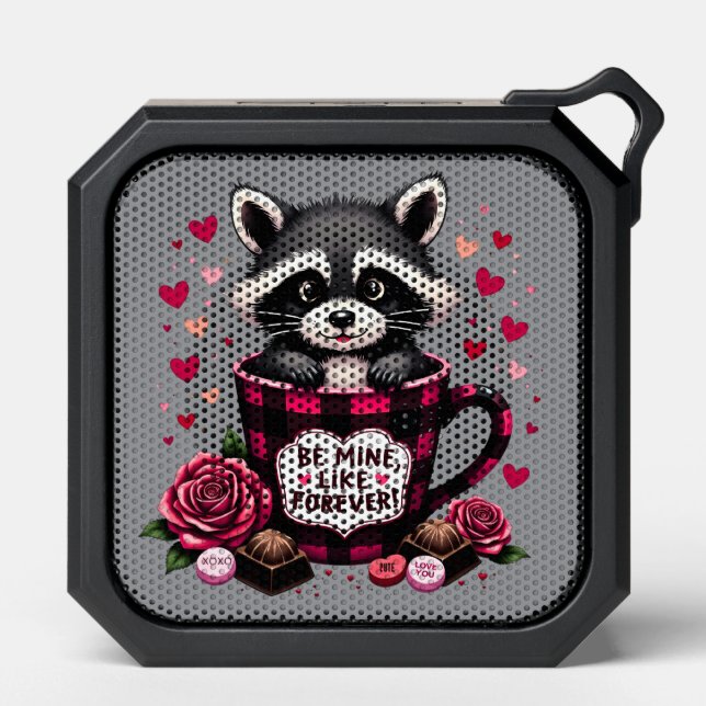 Cute Raccoon Valentine Buffalo Plaid Aesthetic Bluetooth Speaker (Front)