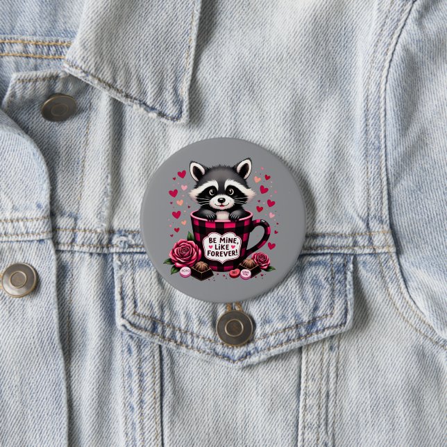 Cute Raccoon Valentine Buffalo Plaid Aesthetic Button (In Situ)