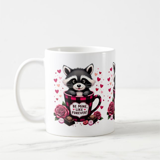 Cute Raccoon Valentine Buffalo Plaid Aesthetic Coffee Mug (Left)