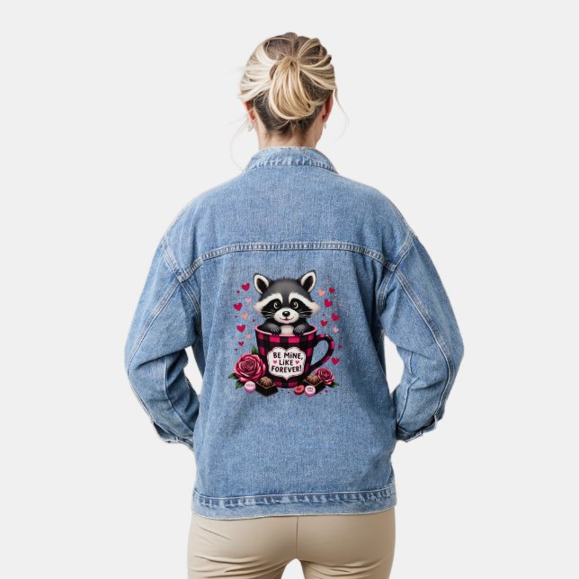 Cute Raccoon Valentine Buffalo Plaid Aesthetic Denim Jacket (Model)