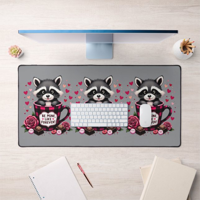 Cute Raccoon Valentine Buffalo Plaid Aesthetic Desk Mat (Office 1)