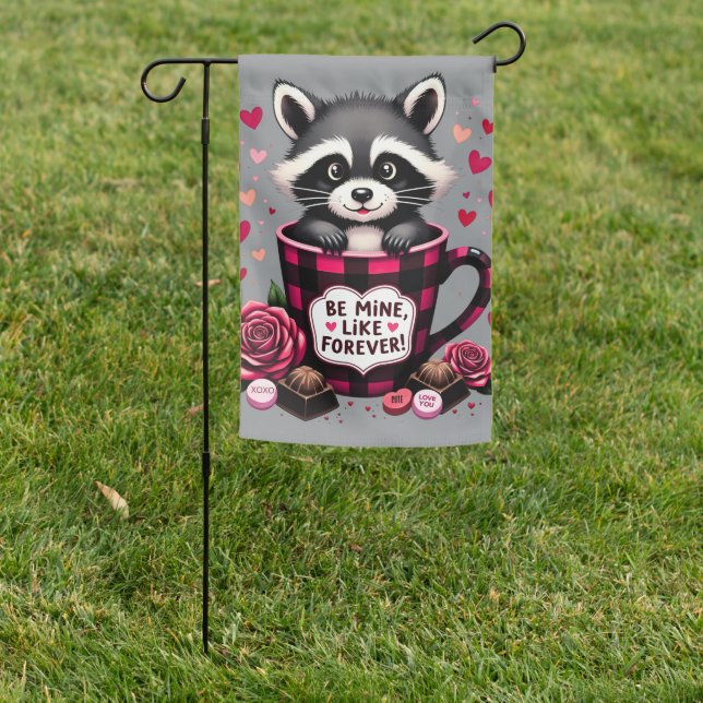 Cute Raccoon Valentine Buffalo Plaid Aesthetic Garden Flag (In SItu)