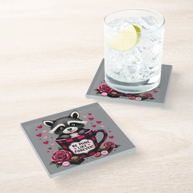 Cute Raccoon Valentine Buffalo Plaid Aesthetic Glass Coaster (Angled)