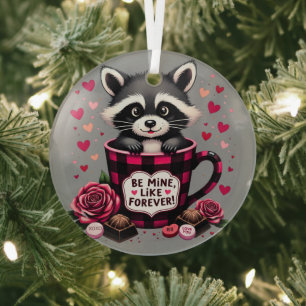 Cute Raccoon Valentine Buffalo Plaid Aesthetic Glass Ornament
