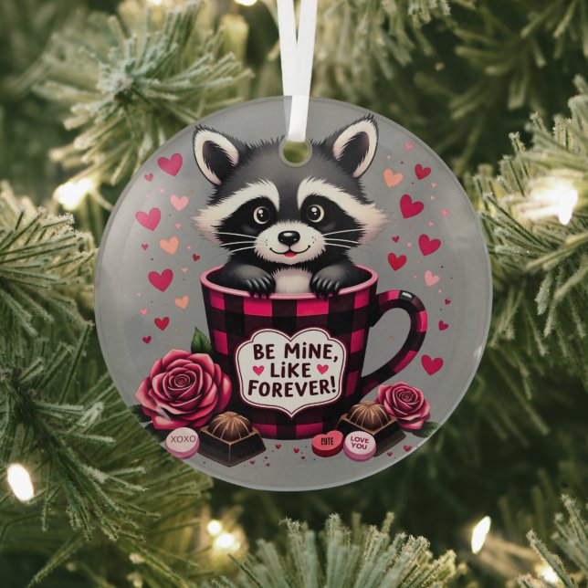 Cute Raccoon Valentine Buffalo Plaid Aesthetic Glass Ornament (Insitu)
