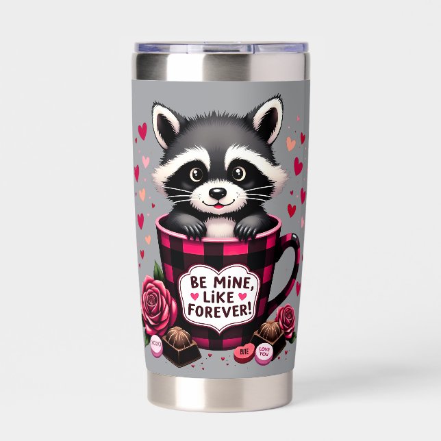 Cute Raccoon Valentine Buffalo Plaid Aesthetic Insulated Tumbler (Front)
