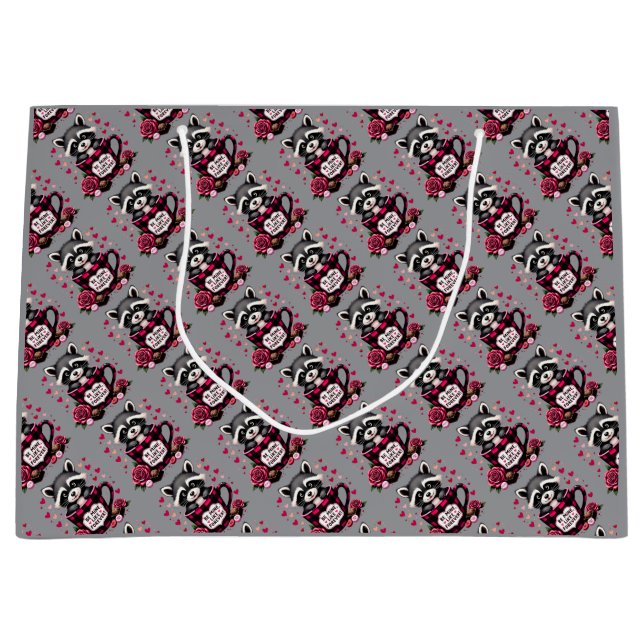 Cute Raccoon Valentine Buffalo Plaid Aesthetic Large Gift Bag (Front)