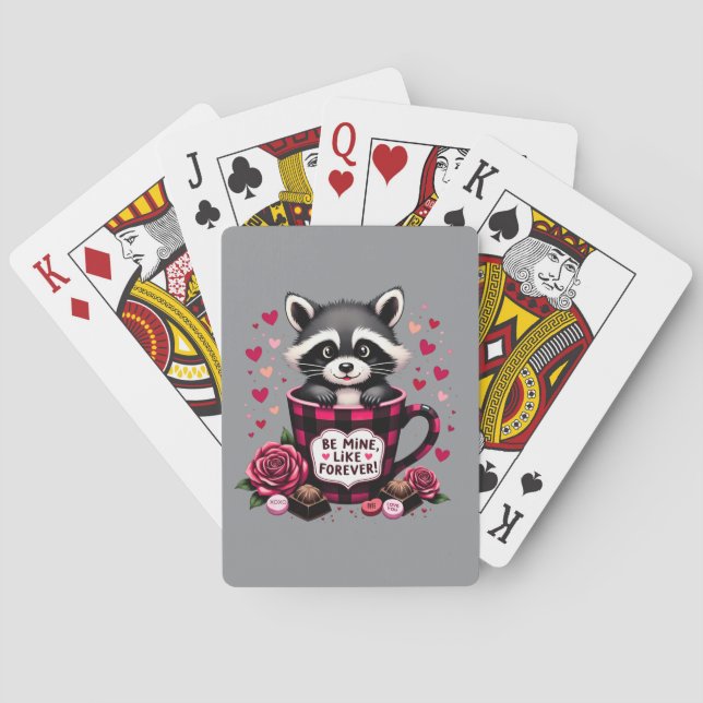 Cute Raccoon Valentine Buffalo Plaid Aesthetic Poker Cards (Back)