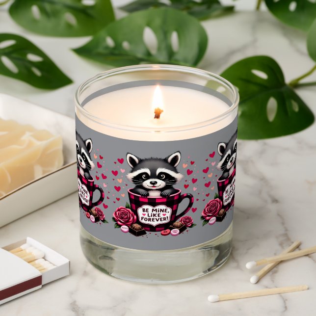 Cute Raccoon Valentine Buffalo Plaid Aesthetic Scented Candle (Lit)