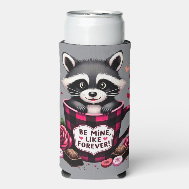 Cute Raccoon Valentine Buffalo Plaid Aesthetic Seltzer Can Cooler (Seltzer Front)