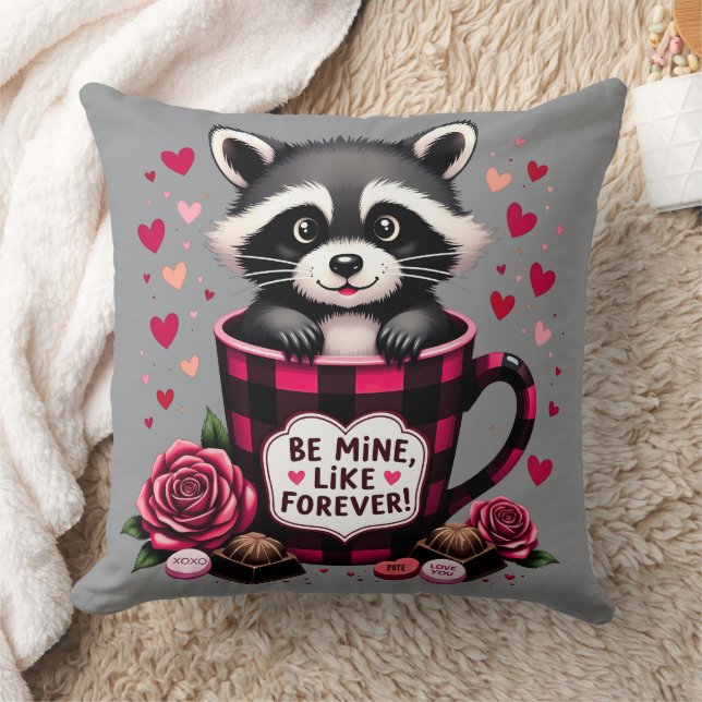Cute Raccoon Valentine Buffalo Plaid Aesthetic Throw Pillow (Blanket)