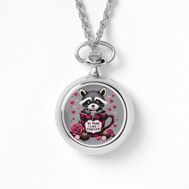 Cute Raccoon Valentine Buffalo Plaid Aesthetic Watch (Front)