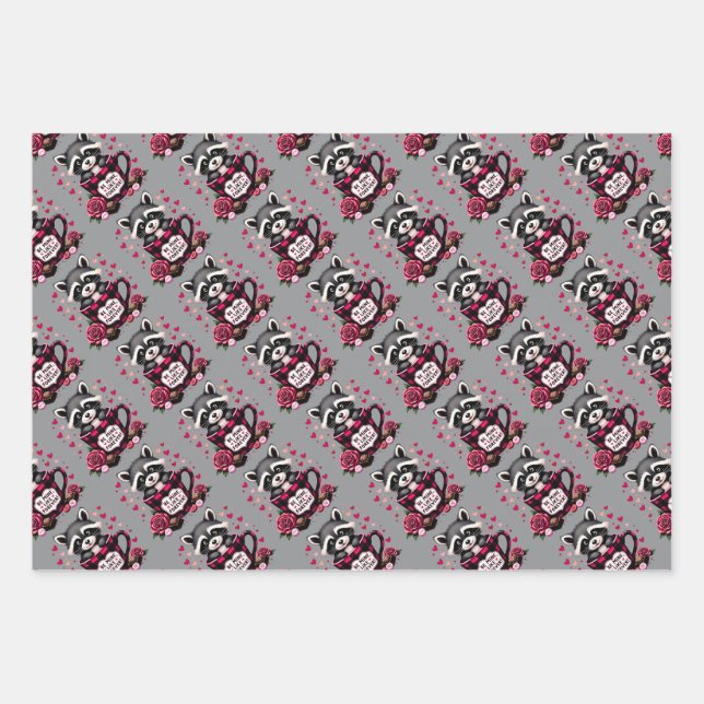 Cute Raccoon Valentine Buffalo Plaid Aesthetic Wrapping Paper Sheets (Front)