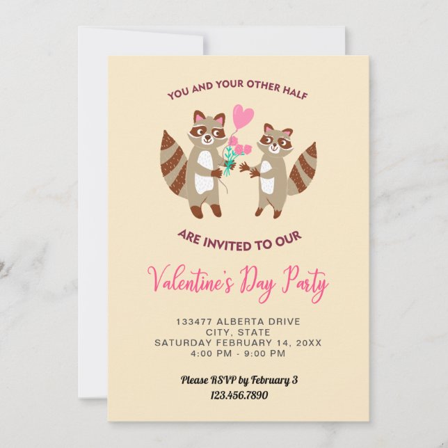 cute raccoon valentine's day party dinner hearts invitation (Front)