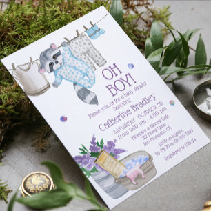 Cute Raccoon Wash Day Boy Watercolor Baby Shower Invitation