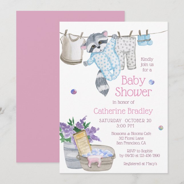 Cute Raccoon Wash Day Watercolor Baby Shower Invitation (Front/Back)