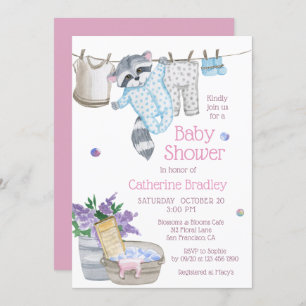 Cute Raccoon Wash Day Watercolor Baby Shower Invitation