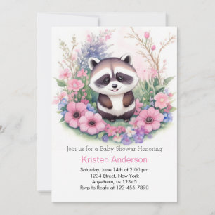 Cute Raccoon Watercolor Pink Girl Baby Shower Invitation