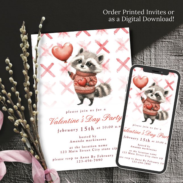 Cute Raccoon Watercolor Red Valentine's Day Party  Invitation (Creator Uploaded)