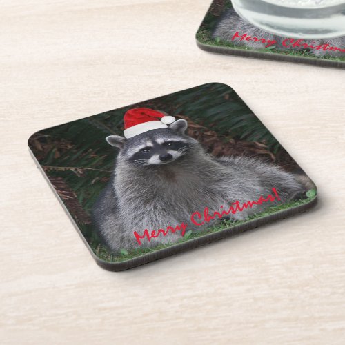 Cute Raccoon Wearing Red Santa Hat Beverage Coaster