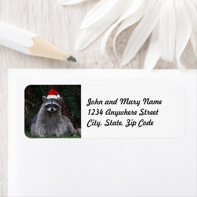 Cute Raccoon Wearing Red Santa Hat Holiday Address Label (Insitu)