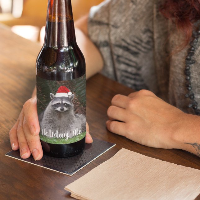 Cute Raccoon Wearing Red Santa Hat Holiday Beer Bottle Label (In Situ)