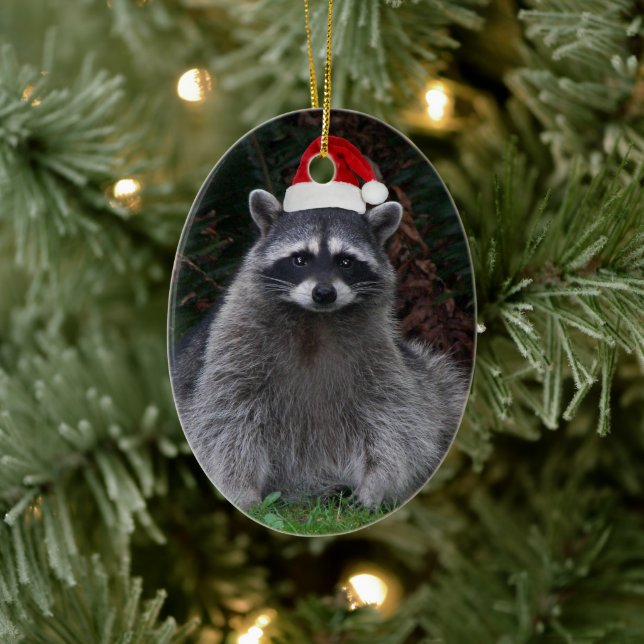 Cute Raccoon Wearing Red Santa Hat Holiday Ceramic Ornament (Tree)