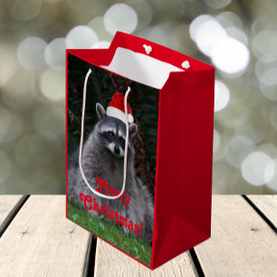 Cute Raccoon Wearing Red Santa Hat Holiday Medium Gift Bag