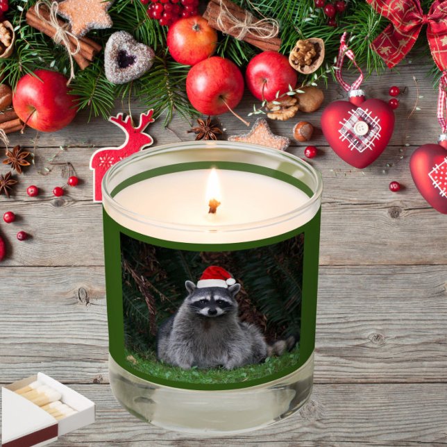 Cute Raccoon Wearing Red Santa Hat Holiday Scented Candle (In Situ Holiday Decor)