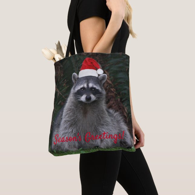 Cute Raccoon Wearing Red Santa Hat Holiday Tote Bag (Close Up)