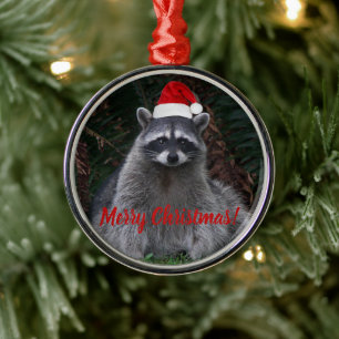 Cute Raccoon Wearing Red Santa Hat Metal Ornament