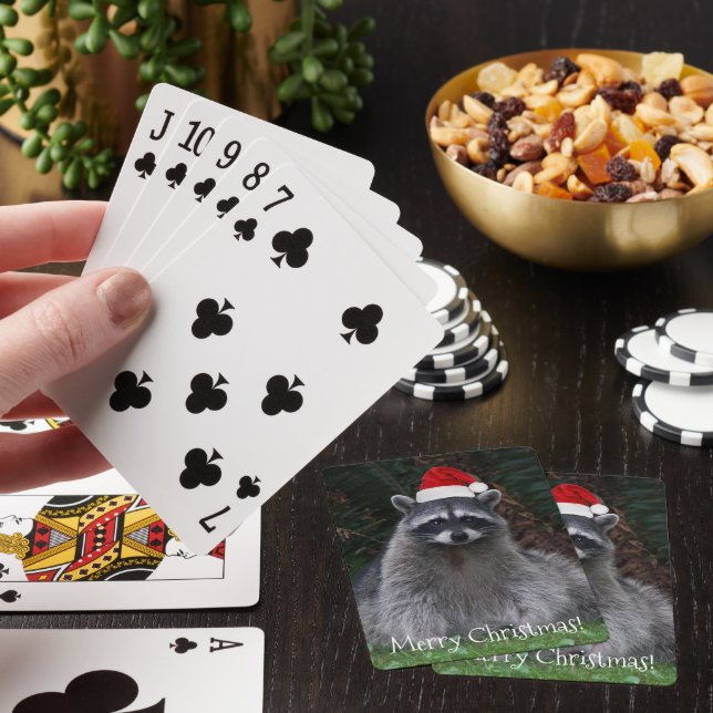Cute Raccoon Wearing Red Santa Hat Poker Cards (In Situ)
