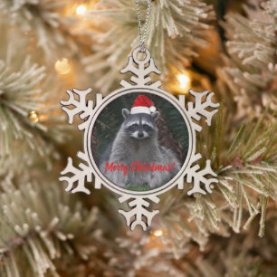 Cute Raccoon Wearing Red Santa Hat Snowflake Pewter Christmas Ornament