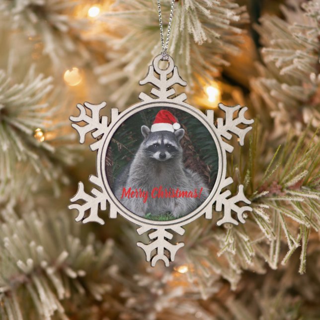 Cute Raccoon Wearing Red Santa Hat Snowflake Pewter Christmas Ornament (Tree)
