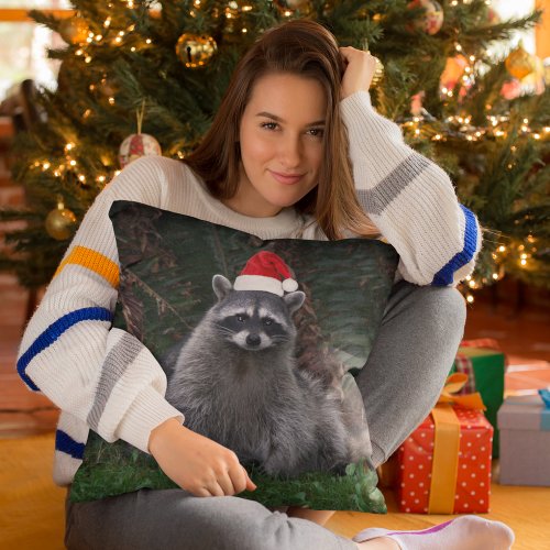 Cute Raccoon Wearing Red Santa Hat Throw Pillow