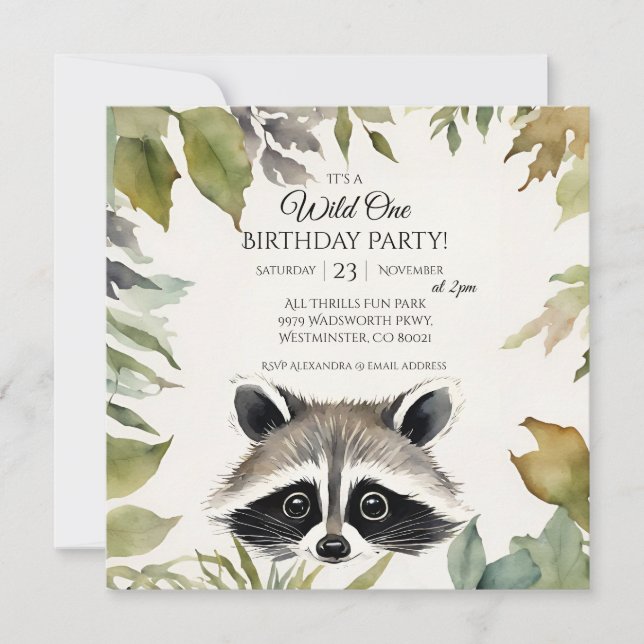 Cute Raccoon Wild One 1st Birthday Party Invitation (Front)