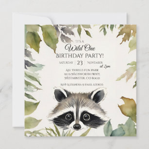 Cute Raccoon Wild One 1st Birthday Party Invitation